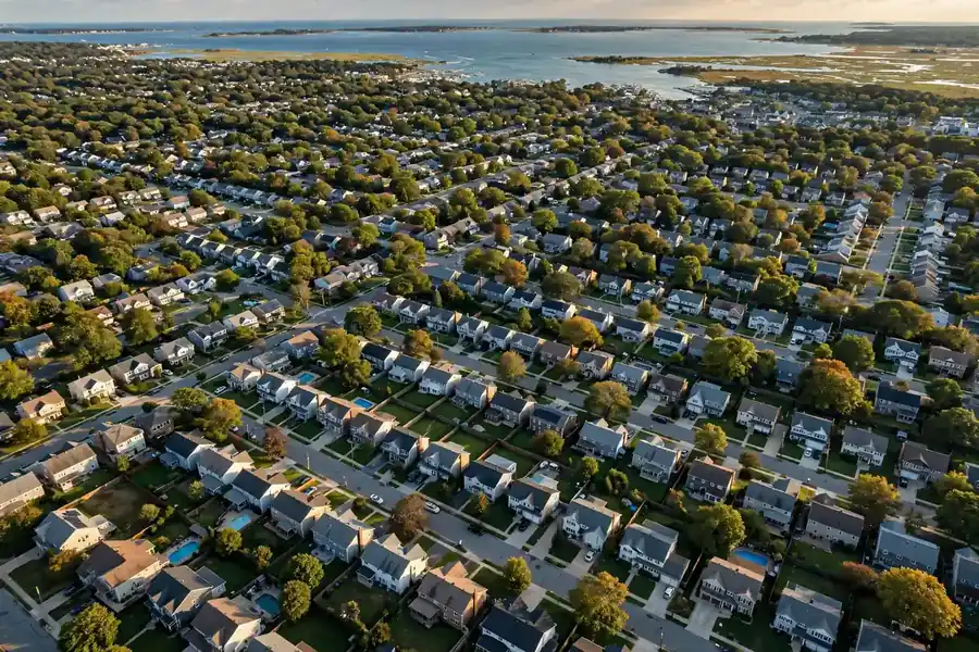 Aerial view of Long Island neighborhoods served for roof leak repair near West Babylon, NY