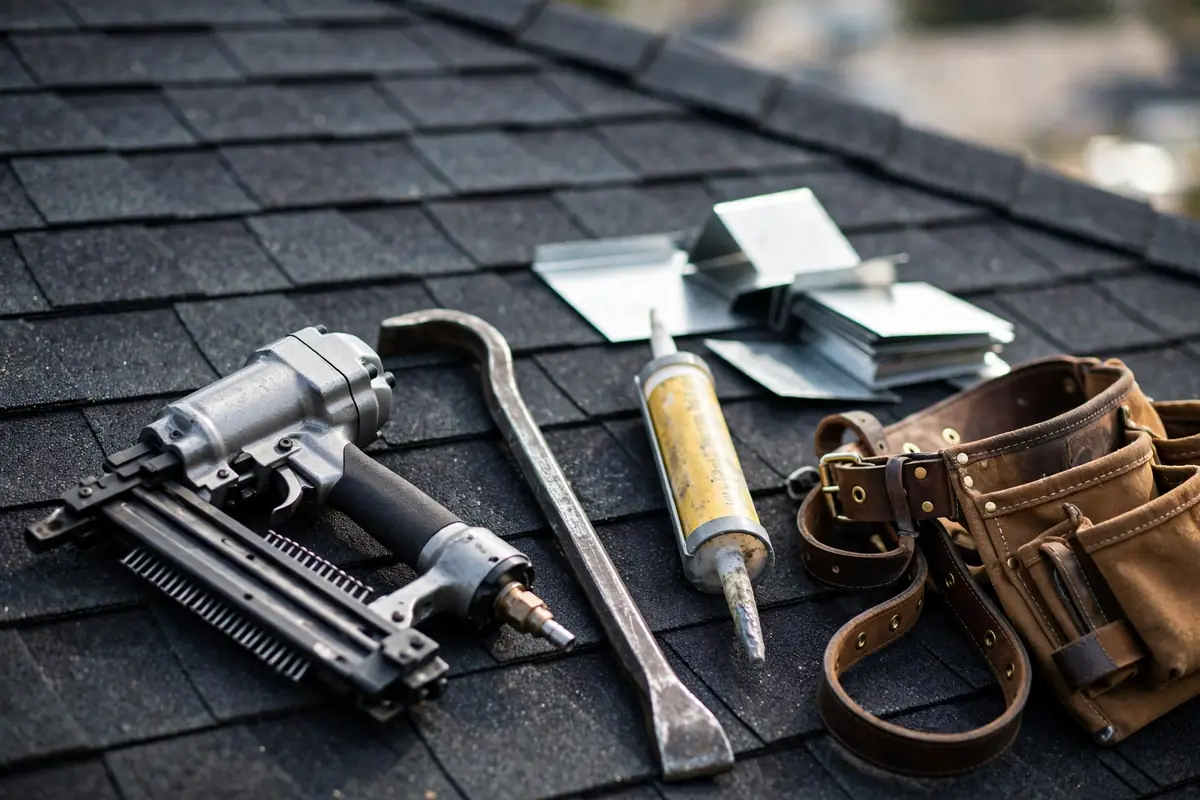 Professional roofing tools laid out on a shingle roof in West Babylon, NY