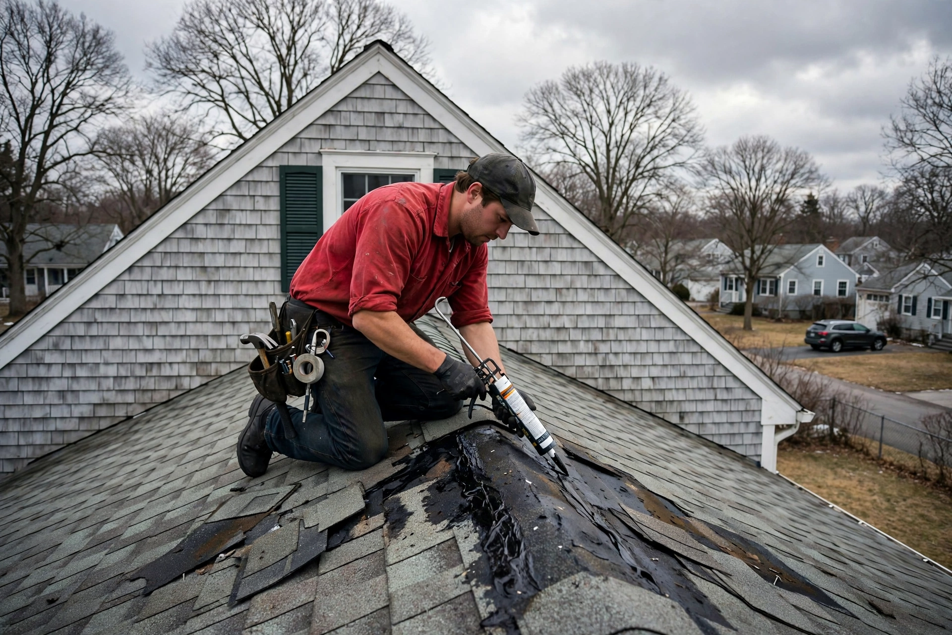 Roofer repairing a roof leak on a West Babylon, NY home